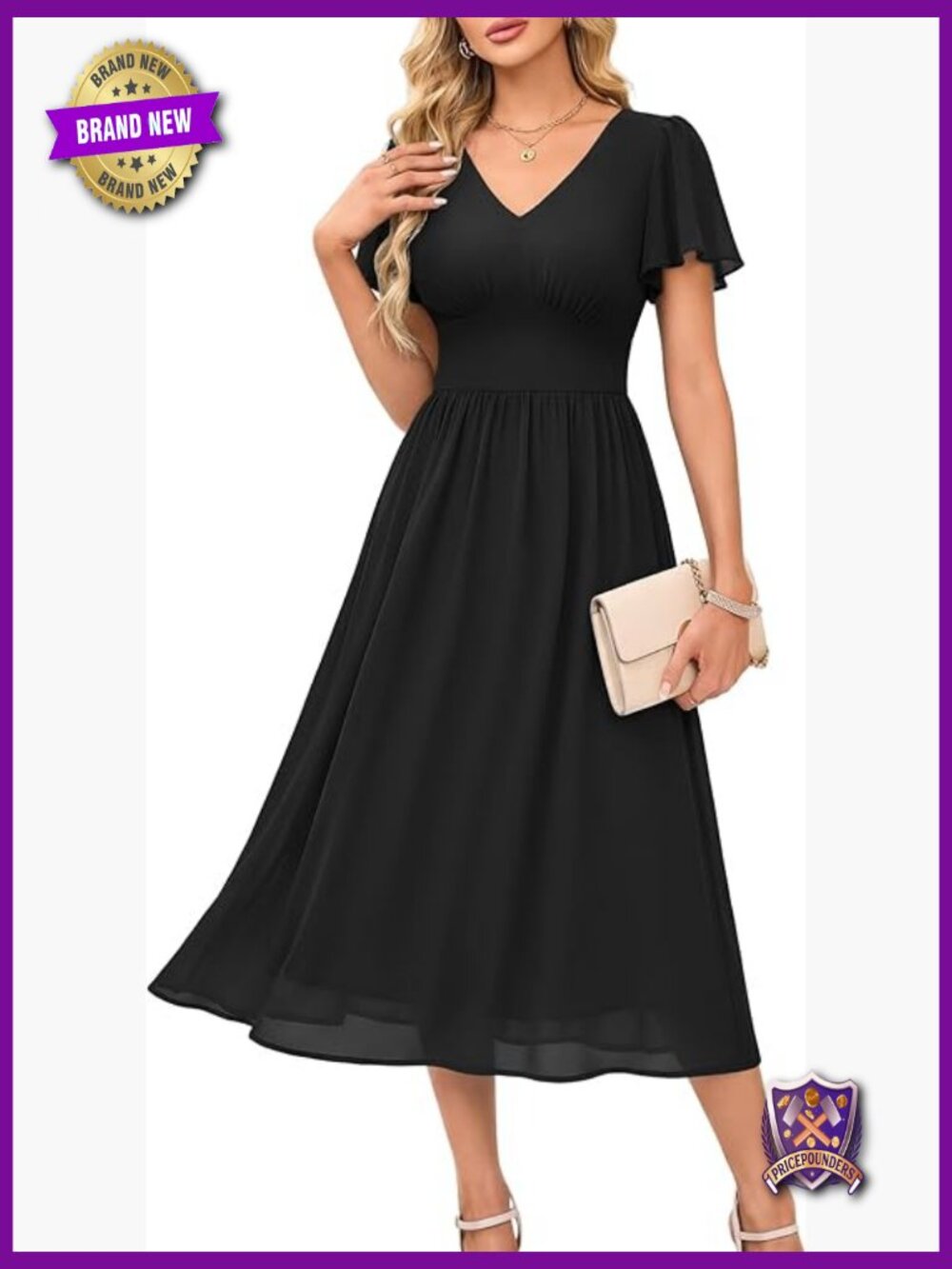 Modest V-Neck Chiffon Midi Dress Semi Formal Wedding Guest